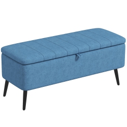 HOMCOM Storage Ottoman With Flip Top, Rectangular Upholstered Bench, Linen Fabric Footstool With Steel Legs for Living Room, Bedroom, Dark In Blue