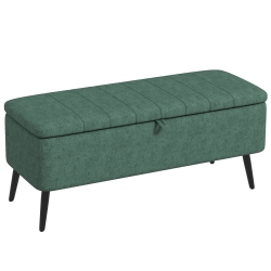HOMCOM Storage Ottoman With Flip Top, Rectangular Upholstered Bench, Linen Fabric Footstool With Steel Legs for Living Room, Bedroom, Dark In Green