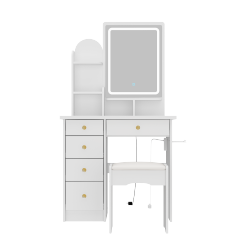 HOMSEE Vanity Desk Set With Large Lighted Mirror, 5 Drawers, Storage Shelves & Cushioned Stool for Bedroom (31.5" W X 15.6" D X 55.1" H) In White