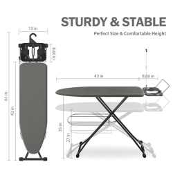 PRIME MADE Ironing Board, Compact Iron Board \w Iron Rest And Hanger And Silicone Irons Harness, 7 Adjustable Heights & Extra Thick Cover, Folding