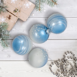NORTH STAR Stripes And Snowflakes Shiny Glass Ball Christmas Ornaments - 3" (80Mm) - And White - 4Ct In Blue