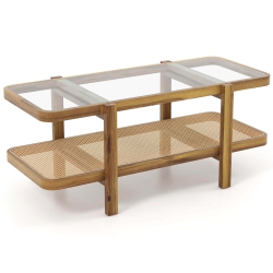 COSTWAY 2-Tier Rustic Coffee Table With Storage Tempered Glass Tabletop Pe Rattan Shelf