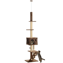 PAWHUT Floor to Ceiling Cat Tree for Large Cats Adult, Cat Tower Adjustable Height 89"-100" W/ Scratching Post, Cat House, 3-Steps, Hanging Ball