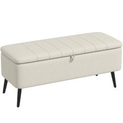 HOMCOM Storage Ottoman With Flip Top, Rectangular Upholstered Bench, Linen Fabric Footstool With Steel Legs for Living Room, Bedroom, Cream In White