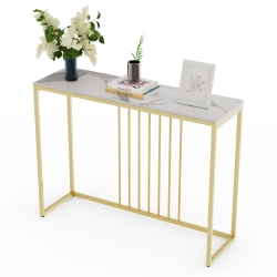 UNHO Natural Marble Long Console Table Behind Couch Genuine Sintered Stone Table Modern Table Sturdy Sofa Side Table \w Metal Golden Frame for Home