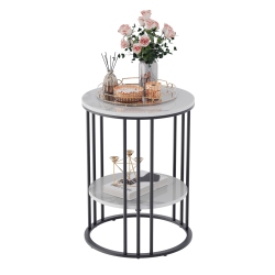 UNHO Modern Round Coffee Table 2 Tiers Sofa Side Table Elegant Marble Bedside Nightstand Sofa Edge End Table \w Metal Frame for Living Room