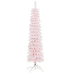 HOMCOM 5 Ft Snow-Flocked Artificial Christmas Tree, Slim Pencil Xmas Tree With Realistic Branches, Metal Base In Pink