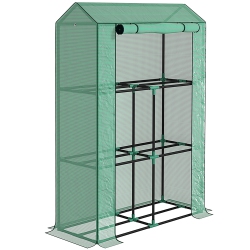OUTSUNNY Mini House With 3 Tier Shelves, Portable Garden Hot House With Roll-Up Door for Indoor Outdoor, 39.4"x15.7"x59.1" In Green
