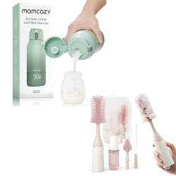 MOMCOZY Portable Milk Warmer for Travel, Portable, Fast Heating, & Bottle Brush Kit, Innovative Push-Press Design for Better Cleaning