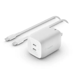 BELKIN Boostcharge Pro Gan Dual Wall Charger 65W + USB-C to USB-C Cable for Apple, Samsung, Google - Color : In White