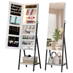 VLSRKA 3 Leds Mirror Jewelry Cabinet, 60.4" Jewelry Mirror Full Length, Standing Lockable Jewelry Armoire Organizer, Floor Mirror \w Storage For