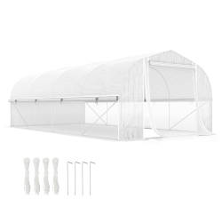 OUTSUNNY 19.5' X 10' X 6.6' Walk-In Tunnel House \w Roll-Up Mesh Sidewalls, Mesh Door, 8 Windows, Outdoor House Plant Hot House Tent \w Galvanized