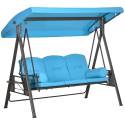 OUTSUNNY 3 Seater Porch Swing Heavy Duty Outdoor Swing Chair Outdoor Lounge Hammock Cushioned Seat W/ Tilt Canopy In Light Blue