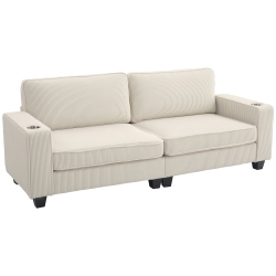 HOMCOM Modern 3 Seater Sofa With Spring Cushion, 90" Upholstered Corduroy Couch With Cup Holders for Living Room, Bedroom, Home Office, Cream