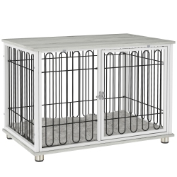 PAWHUT 35In Dog Crate Furniture With Washable Cushion, Indoor Dog Kennel End Table With Adjustable Feet for Medium Dogs In Grey