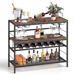 COSTWAY 41" Wine Rack With 4 Glass Holders Wide Countertop Middle & Bottom Storage Shelves