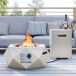 COSTWAY 28" Hexagon Terrazzo Propane Gas Fire Pit Table Set With Hideaway Tank Holder