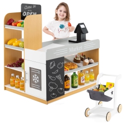 COSTWAY Kids Grocery Store With Shopping Cart Cash Register Scanner Blackboards Toddlers