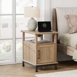 WAMPAT Oak End Table \w Charging Station, Sofa Side Table \w Storage Cabinet for Living Room, Light Wood Bedside Table \w Metal Leg, Farmhouse