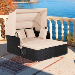 COSTWAY Patio Rattan Daybed Lounge Retractable Top Canopy Side Tables Cushions