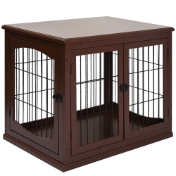 PAWHUT 32" Wooden Dog Crate Furniture Dog Cage, Modern Side Table Pet Kennel With Double Lockable Door, 32" L X 23" W X 26" H In Brown