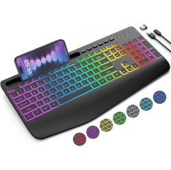 OECECA Wireless Keyboard \w 9 Backlit Effects, Wrist Rest, Phone Holder, 2.4G Lag-Free Ergonomic Keyboards, Rechargeable Silent Cordless, For