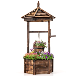 COSTWAY Wooden Wishing Well Hexagonal Bucket Flower Plants Planter Patio Garden Decor