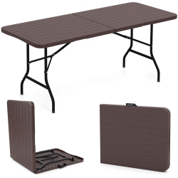 COSTWAY 6 Ft Portable Folding Table With Wood Grain HDpe Tabletop Safe Lock Mechanism