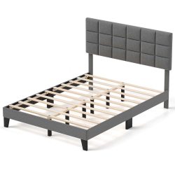 COSTWAY Queen Size Bed Frame Modern Linen Fabric Upholstered Platform Bed With Headboard