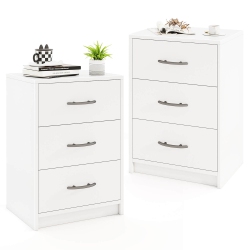 COSTWAY 2 PCs 3-Drawer Nightstand Modern Bedside Table With Storage Anti-Toppling Kit for Bedroom In White