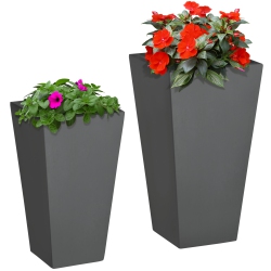 OUTSUNNY Set Of 2 Tall Planters With Drainage Holes, 22" / 18" Outdoor Flower Pots for Patio, Yard, Garden In Grey