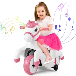 GYMAX 12V Kids Ride On Unicorn Toy W/ Training Wheels Music One-Button Start Horse Toy