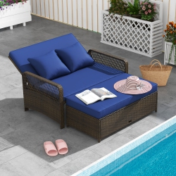 GYMAX Patio Rattan Daybed Wicker Loveseat Sofa W/ Multifunctional Ottoman In Navy