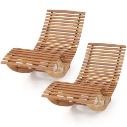 GYMAX 2PCs Outdoor Chaise Lounge W/ High Back Slatted Seat Stopper Outside Wood Rocker