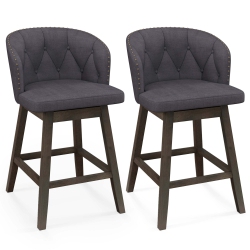 COSTWAY 2 PCs Counter Height Bar Stools Fabric Upholstered Island Stools With 360° Swivel Seat In Gray