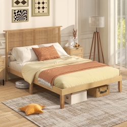 GYMAX Twin/full/queen Size Bed Frame W/ Rattan Headboard 10 Solid Wood Legs & 12 Wooden Slats