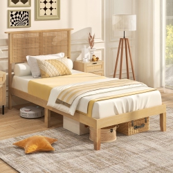 GYMAX Twin/full/queen Size Bed Frame W/ Rattan Headboard 10 Solid Wood Legs & 12 Wooden Slats