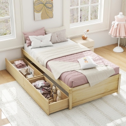GYMAX Twin Size Captain Bed W/ 2 Drawers Slats Support Twin Daybed Heavy Duty Wood Natural