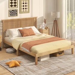 GYMAX Twin/full/queen Size Bed Frame W/ Rattan Headboard 10 Solid Wood Legs & 12 Wooden Slats