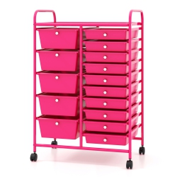 GYMAX 15 Drawer Rolling Storage Cart Opaque Multicolor Drawers Home Organizer Mixed Hot In Pink