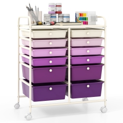 GYMAX 12-Drawer Organizer Cart Rolling Storage Cart W/ 2 Sizes Plastic Drawers In Purple