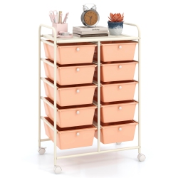 GYMAX 10-Drawer Storage Cart Utility Rolling Trolley Kitchen Organizer Skin In Pink