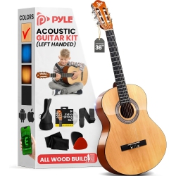 PYLE Left Handed Beginner Acoustic Guitar Kit, 3/4 Junior Size All Wood Instrument for Kids, Adults, 36" Natural Gloss