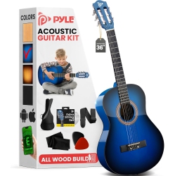 PYLE Beginner Acoustic Guitar Kit, 3/4 Junior Size All Wood Instrument for Kids, Adults, 36" Burst In Blue