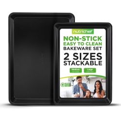 NUTRICHEF 2-Piece Non-Stick Cookie Sheet Baking Tray Set - Versatile & Durable Carbon Steel Bakeware Sets, Stackable & Easy-Clean, Nc2Trbl In Black