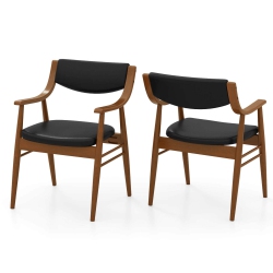 COSTWAY Pu Leather Dining Chair Set Of 2 With Padded Seat & Back Armrests Rubber Wood Frame