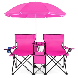 COSTWAY Portable Folding Picnic Double Chair W/umbrella Table Cooler Beach Camping