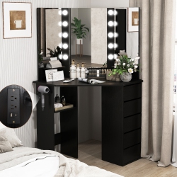 COSTWAY Corner Vanity Desk Cosmetic Vanity Station With Led Mirror, & Power Outlets