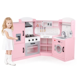 COSTWAY Honeyjou Corner Play Kitchen Toddler Kitchen Playset With Range Hood, Ice Maker, Microwave