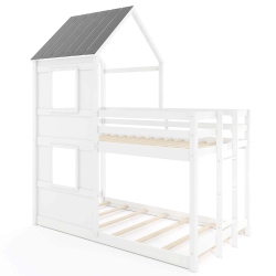 COSTWAY House Bunk Bed Twin Over Twin With Built In Ladder Window & Safety Guardrail